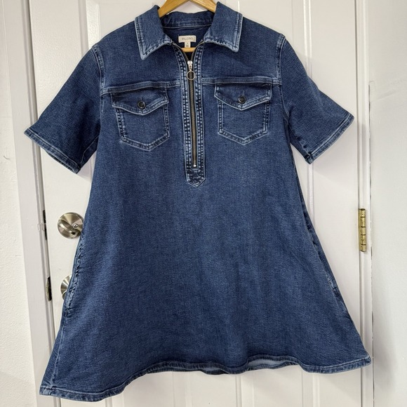 Anthropologie Pilcro Short-Sleeve Denim Zip Front Med Wash Short Dress Sz Small - Picture 1 of 5